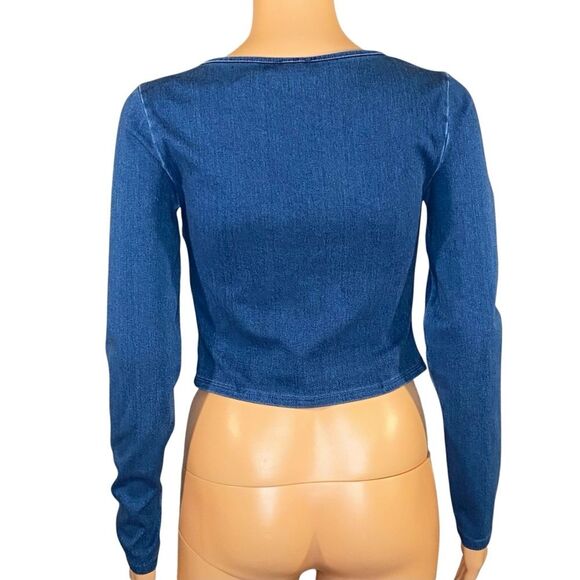 Express NWT Y2K Style Denim Crop Top Square Neckline Womens Size Sm Long Sleeve - Picture 3 of 5